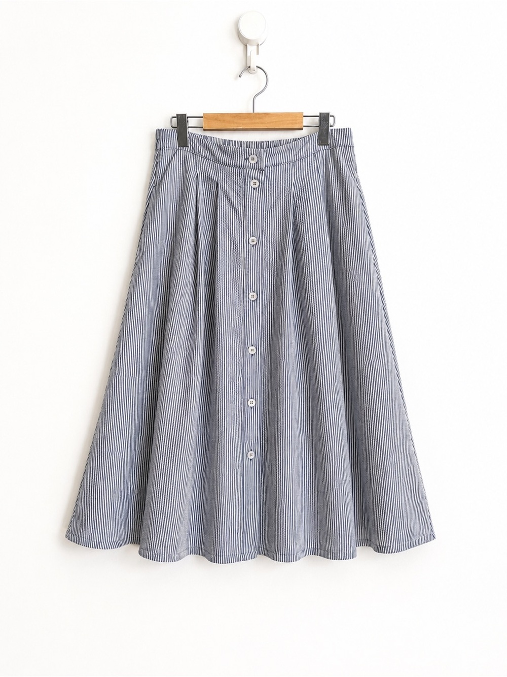 Nicole Miller New York Blue White Seersucker Button Front Coastal Midi Skirt 10